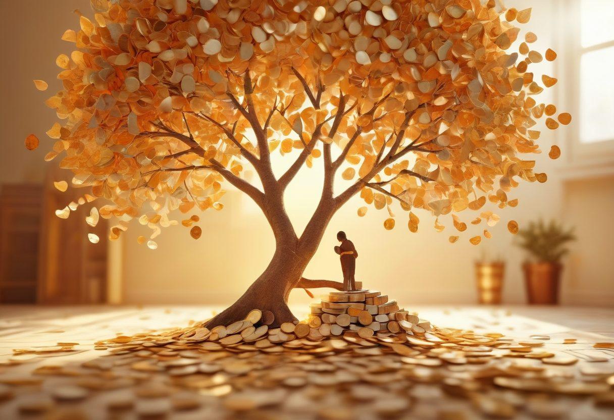 A warm, heart-shaped tree symbolizing deep affection with branches made of currency notes, while a couple is joyfully building a small cozy house in the background. Soft sunlight filtering through leaves creating a serene atmosphere, with gold coins scattered lightly on the ground. The image conveys the harmony between love and financial independence. vibrant colors. super-realistic.