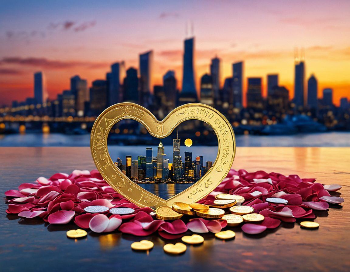 A heart-shaped coin filled with golden coins symbolizing love and wealth. Surrounding the coin are soft rose petals, elegantly blending romance with finance. In the background, there’s a city skyline during sunset, representing opportunities and prosperity. Include a soft glow to emphasize the connection between love and financial success. super-realistic. vibrant colors. 3D.
