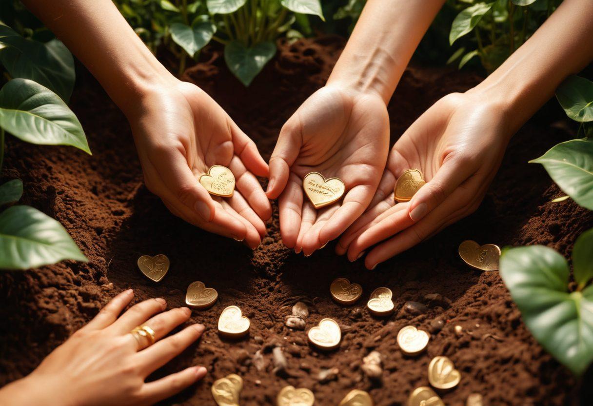 A warm and vibrant scene of two hands planting a heart-shaped seed in rich soil, surrounded by lush green plants symbolizing growth and prosperity. In the background, there are golden coins and love letters, highlighting the fusion of love and wealth. The sunlight gently shines down, creating a nurturing atmosphere. super-realistic. vibrant colors. nature-inspired.